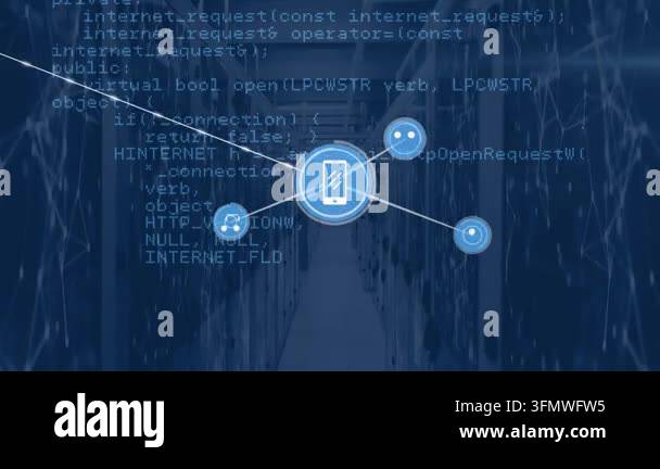 Animation of network of connections with icons over computer servers ...