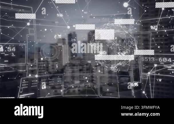 Animation of interface with data processing and globe of network of ...