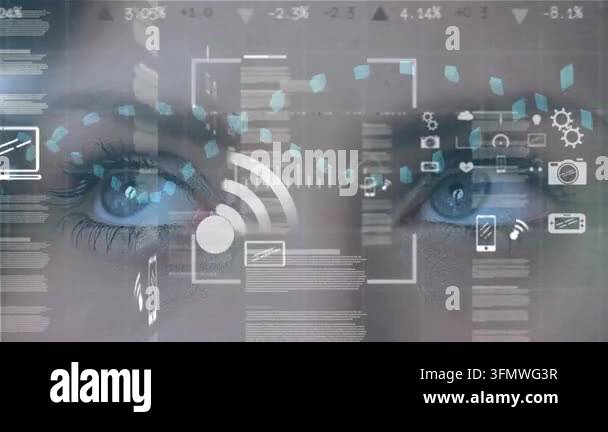 Animation of data processing and text over server room. Global business ...
