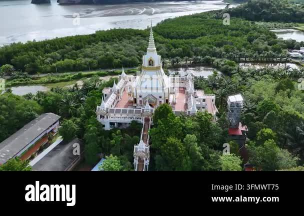 Aerial View Of Wat Mahathat Laem Sak Intricate Buddhist Temple On The Aerial View Of Wat Mahathat Laem Sak Intricate Buddhist Temple On The