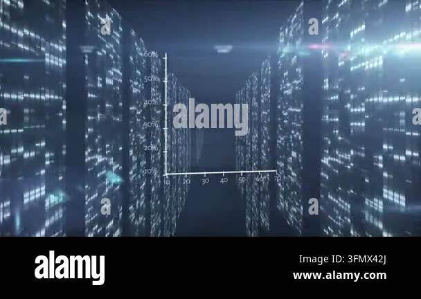 Digital animation of light trails falling against spot of light on blue ...