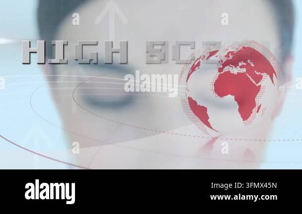 Animation of high score text with globe and caucasian woman opening ...