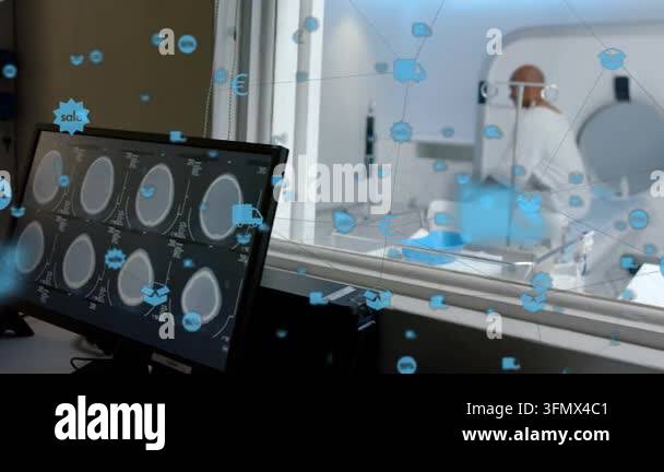 Patient rising upon settling on table for scan monitor showing scans ...