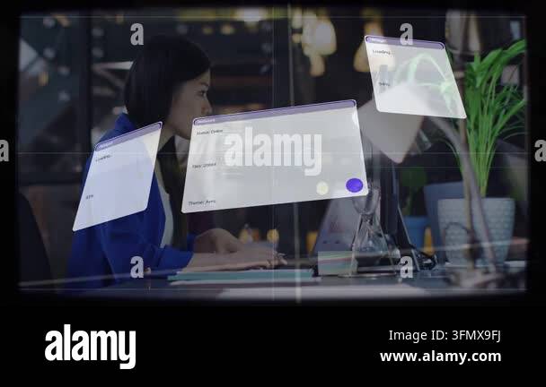 Woman typing on laptop in tech starting floating UI overlaying view and ...
