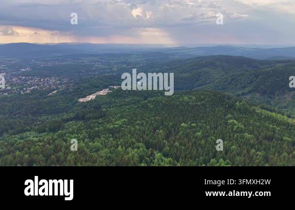 panoramic aerial view of a beautiful green forest in the carpathians ...