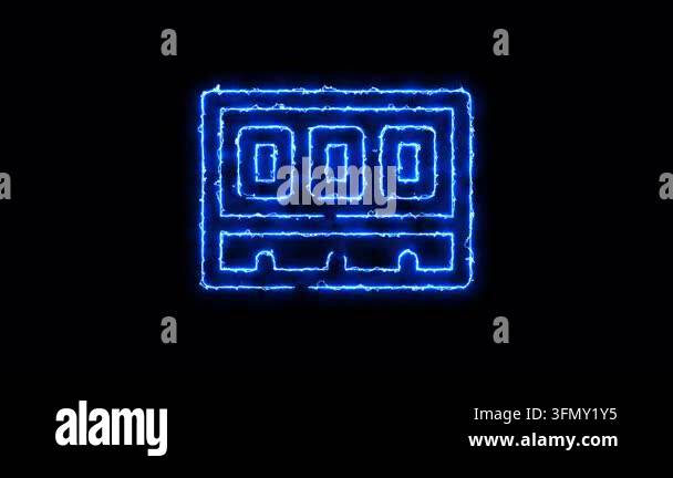 glowing neon line battery icon isolated on brick wall background. bolt ...