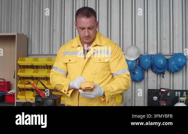 Young engineer man with helmet in yellow safety clothing uses ...
