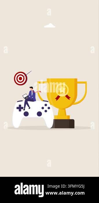 Gamification, animation of man with computer laptop on game joystick ...