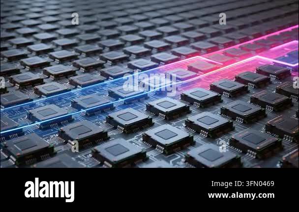 Array of microchips on a circuit board with neon light glow Stock Video ...