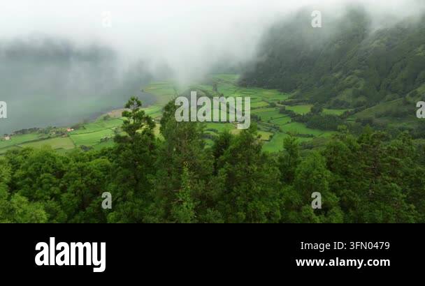 Aerial view of lush green mountain fields covered in thick mist Stock ...