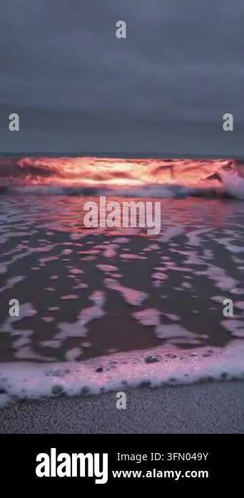 Breaking ocean wave with pink sunset light reflection on water Stock ...