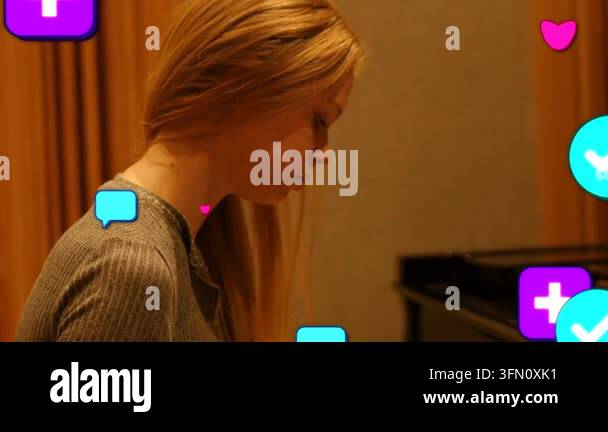 Woman pianist preparing to play music, causing bubbles hearts play ...