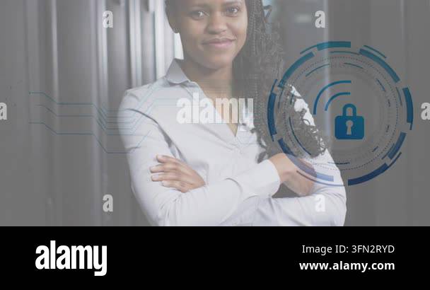 Animation of padlock icon and african american female engineer standing ...