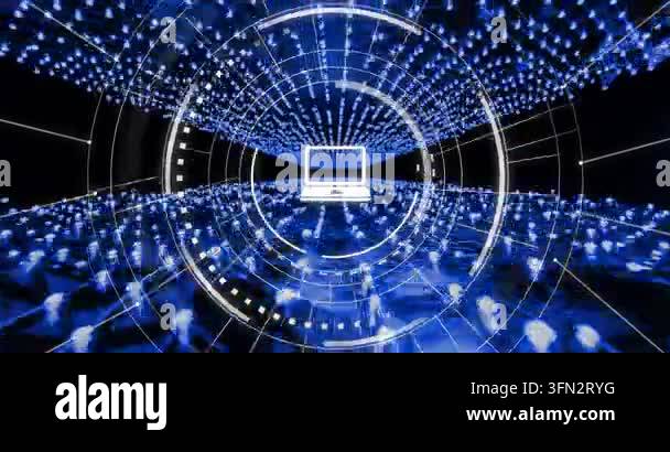 Animation of network of digital computer icon over blue glowing network ...