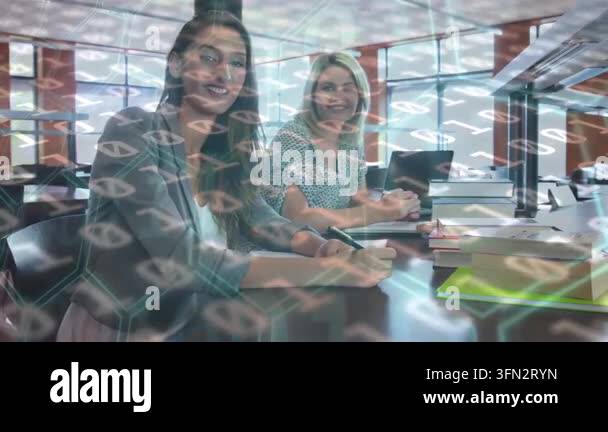 Animation of binary code over portrait of smiling female caucasian ...
