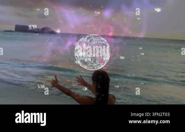Animation of globe with connections and numbers over caucasian woman ...