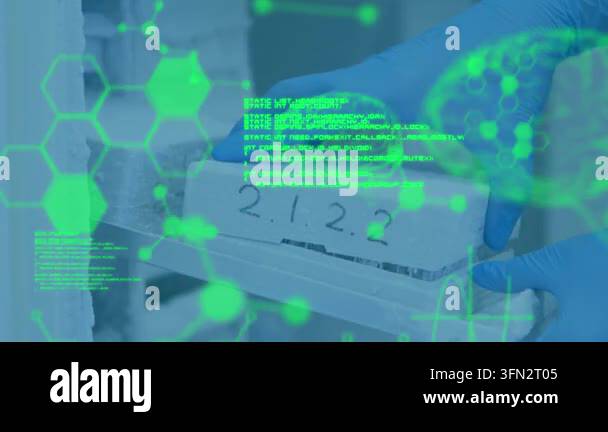 Animation of data processing over scientist in lab. global science and ...