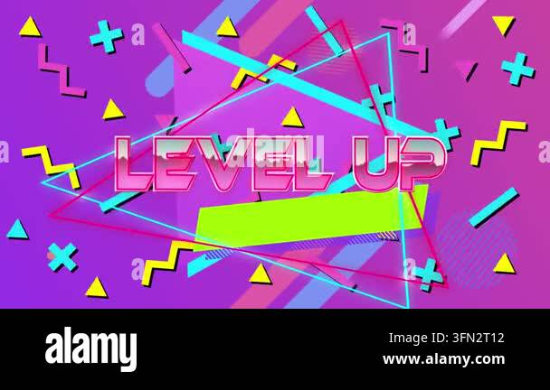 Animation of level up text over shapes. Social media and digital ...