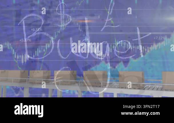 Animation of financial data processing over boxes on conveyor belt ...