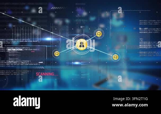Animation of network of digital icons over interface with data ...