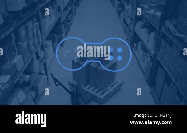 Animation of gamepad icon over warehouse. Global social media, shipping ...