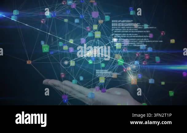Animation of connections and globe made of icons over hands of ...