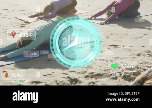 Animation of ticking clock and social media icons over diverse people ...