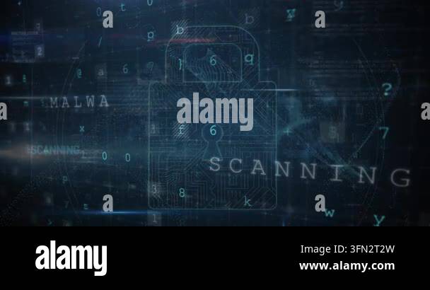 Animation of digital interface with security padlock over dark ...