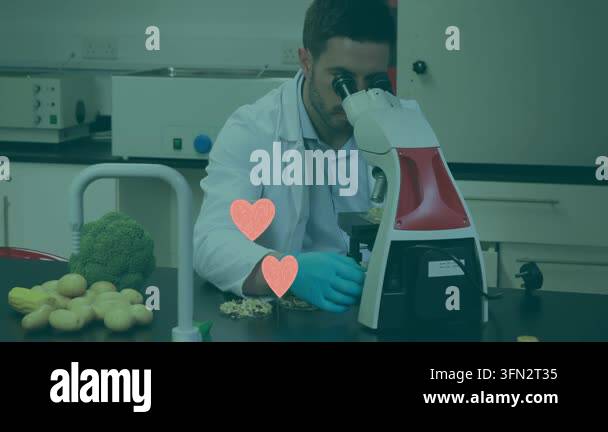 Animation of multiple pink heart icons over caucasian male scientist ...