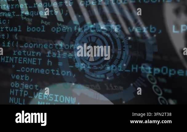 Animation of data processing and scope scanning over black background ...