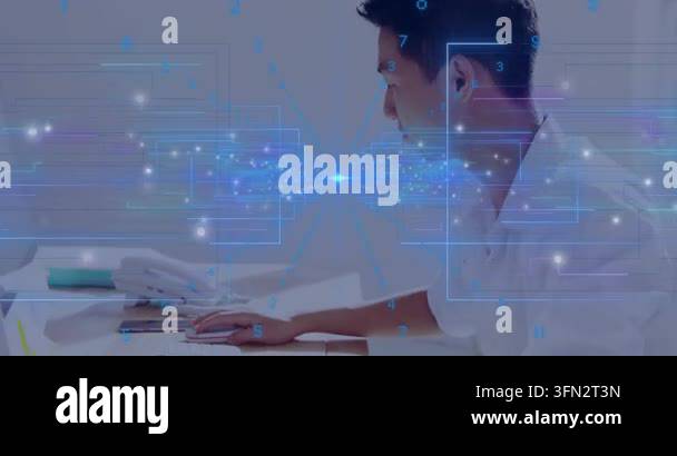 Man moving mouse and typing on keyboard when data graphics animating ...