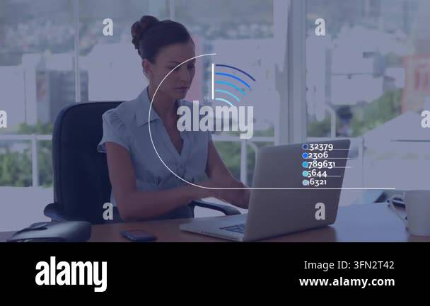 Animation of data processing against stressed businesswoman using ...