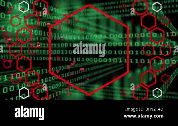 Animation of red hexagons over binary code on black background. global ...