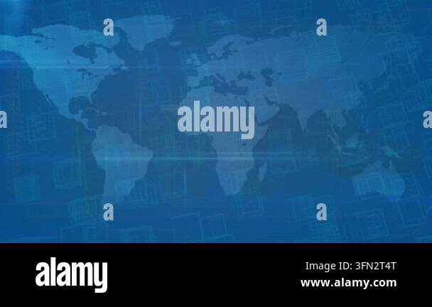 Animation of data processing and world map on blue digital screen ...