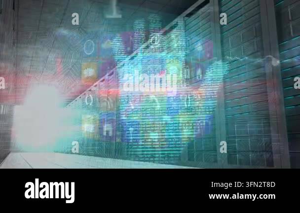 Animation of data processing and media icons over server room. global ...