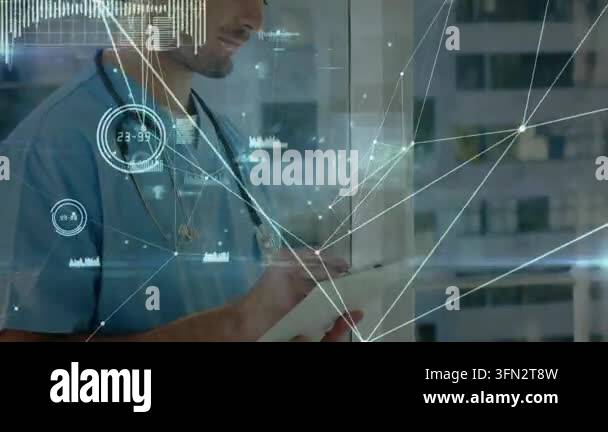 Animation of data processing over caucasian male doctor. Global ...