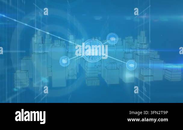 Animation of network of connections with icons over city. Global ...