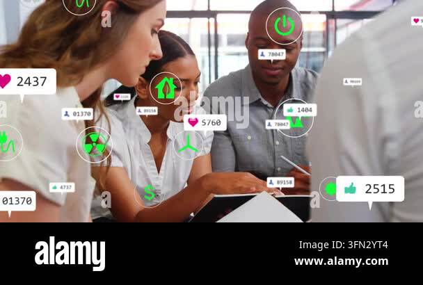 Center woman tapping tablet, activating eco icons and social metrics ...