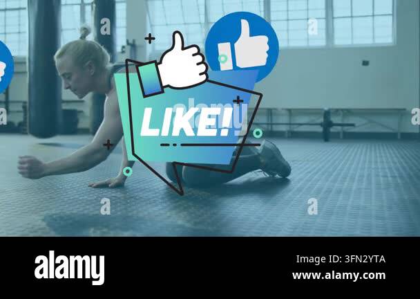 Animation of media icons over caucasian woman exercising. Global sport ...