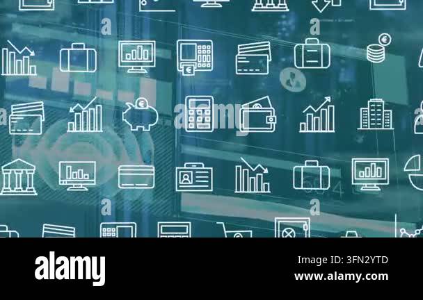Animation of data processing and business icons over server room ...