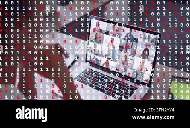 Person typing laptop, frame shifting right, binary overlay scrolling ...