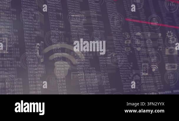 Animation of tech icons and data processing in navy digital space. Data ...