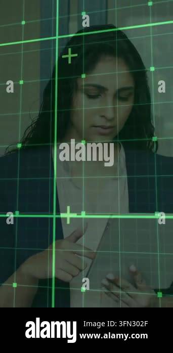 Vertical video: Woman tapping tablet in tech office, activating green ...