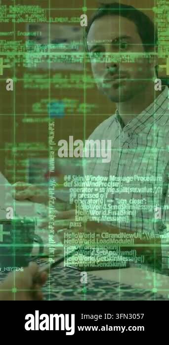 Vertical video: Man receiving paper, scanning docs in tech meeting ...
