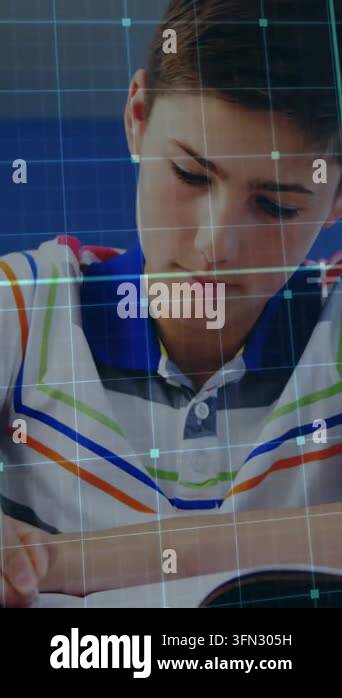Vertical video: Grid overlay appearing, preteen boy leaning, shifting ...