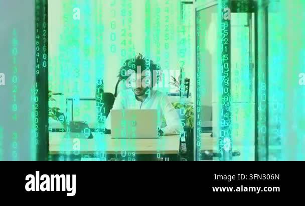 Man typing on laptop, pausing, responding to green code, adjusting ...