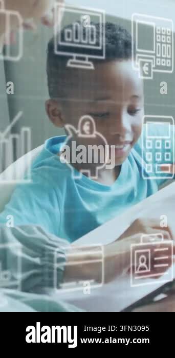 Vertical video: Woman reaching in pointing, child writing, AR icons ...