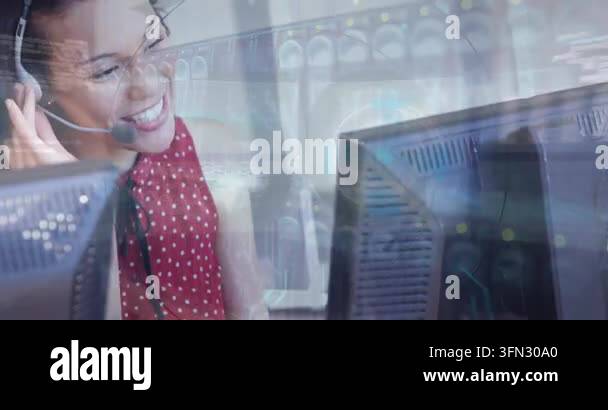 Animation of 5g text and data processing over caucasian woman talking ...