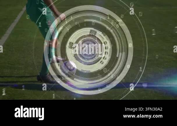 Animation of binary code over diverse male soccer players. global ...