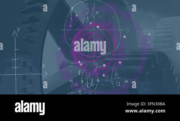 Animation of processing circle, turbine and math formulas on blue ...